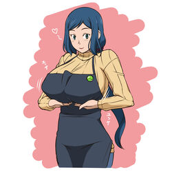  absurdres apron blue_eyes blue_hair breast_hold breast_lift breasts denim female female gundam gundam_build_fighters highres huge_breasts iori_rinko jeans long_hair migakeba_hikaru milf pants solo standing sweater 