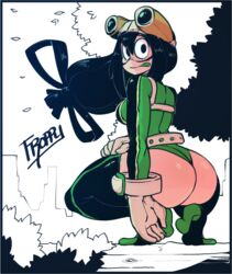  ass asui_tsuyu belt black_eyes boku_no_hero_academia boots breasts character_name colored_tongue female frog_girl full_body gats_(nougats) gloves goggles goggles_on_head green_leotard green_tongue hair_between_eyes hair_rings leotard long_hair looking_back low-tied_long_hair medium_breasts solo squatting thick_thighs thigh_boots thighhighs thighs tiptoes tongue tongue_out wind wind_lift 