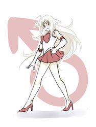  1boy androgynous bishoujo_senshi_sailor_moon commentary_request cosplay crossdressing high_heels kanikame long_hair magical_boy male_focus mars_symbol rouge_(saga_frontier) saga saga_frontier sailor_mars sailor_mars_(cosplay) sailor_senshi_uniform solo 