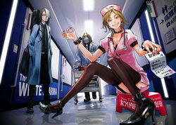  2boys bad_id bad_pixiv_id bill_(object) black_hair breasts brown_eyes brown_hair cross doctor earrings female garter_straps glasses grey_hair grin hat high_heels jewelry lab_coat long_hair mask medium_breasts money_gesture mouth_mask multicolored_hair multiple_boys nurse nurse_cap original redjuice short_hair sitting smile stethoscope sunglasses supercell_(band) surgical_mask thighhighs two-tone_hair walking 