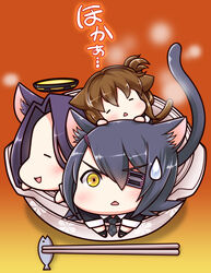  3girls animal_ears bad_id bad_pixiv_id blue_hair bowl brown_hair cat_ears cat_tail checkered_necktie chibi chopsticks eyepatch fish folded_ponytail gloves half_updo halo inazuma_(kancolle) kantai_collection kemonomimi_mode machinicalis mechanical_halo multiple_girls necktie neko_nabe open_mouth photoshop_(medium) pot purple_hair sleeping sweatdrop tail tatsuta_(kancolle) tenryuu_(kancolle) triangle_mouth yellow_eyes 