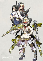  3girls assault_rifle battle_rifle bike_shorts black_hair boots breasts brown_hair browning_m2 character_request commentary_request cross glasses gun heavy_machine_gun high_heels highres howa_type_64 howa_type_89 kamotama large_breasts long_hair machine_gun mecha_musume military military_uniform military_vehicle motor_vehicle multiple_girls pleated_skirt rick_g_earth rifle sabae_shizuka school_uniform sendai_tomoka short_sleeves shorts shorts_under_skirt simple_background skirt tank tank_turret twitter_username type_10_(tank) uniform weapon 