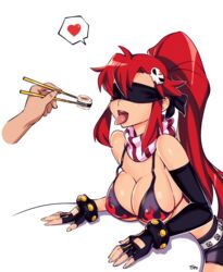  bikini bikini_top breasts chopsticks cleavage elbow_gloves female flame_print food gloves heart highres red_hair scarf simple_background solo_focus spoken_heart sushi swimsuit tengen_toppa_gurren_lagann typo_(requiemdusk) yoko_littner 