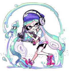  &gt;:) .52_gal_(splatoon) animal beanie bike_shorts blue_hair blush commentary_request female full_body grin hat headphones headphones_over_headwear inkling inkling_girl inkling_player_character long_hair monster_girl paint purple_eyes shirt shoes short_sleeves simple_background smile sneakers solo splatoon_(series) splatoon_1 squid super_soaker tentacle_hair terada_tera v-shaped_eyebrows white_background white_shirt wristband 