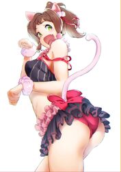  :d animal_ears ass bare_shoulders black_skirt blush brown_hair cat_ears cat_tail commentary_request crop_top female from_behind green_eyes hair_ribbon highres idolmaster idolmaster_cinderella_girls jorori kemonomimi_mode maekawa_miku miniskirt oerba_yun_fang open_mouth over_the_collar_(idolmaster) panties paw_pose pink_panties pose red_ribbon ribbon scrunchie short_hair simple_background skirt smile solo striped tail teeth thighs underwear upskirt vertical_stripes walking white_background wrist_scrunchie 