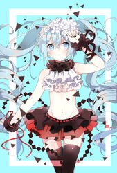  absurdres aqua_eyes aqua_hair bare_shoulders black_nails black_thighhighs bless_you_(module) blush commentary curly_hair eyelashes female flower frills hair_between_eyes hair_flower hair_ornament hatsune_miku highres kakami_(pixiv7616827) long_hair midriff nail_polish navel nisoku_hokou_(vocaloid) pale_skin project_diva_(series) project_diva_f_2nd shiny_clothes skirt solo thighhighs twintails very_long_hair vocaloid wrist_cuffs 