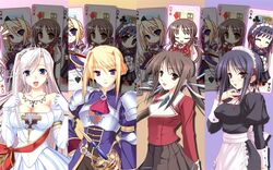  /\/\/\ 4girls ace armor armored_dress artist_request black_hair blonde_hair blue_eyes blush breasts brown_eyes brown_hair card charlotte_hazellink cleavage clubs collarbone diamond dress earrings female fujikura_yuu hair_ribbon heart highres houjouin_seika jewelry komori_kei long_hair looking_at_viewer maid maid_headdress multiple_girls necklace open_mouth pink_hair playing_card pleated_skirt princess_lover purple_eyes queen ribbon school_uniform sheath sheathed silvia_van_hossen skirt smile spade tiara wallpaper 