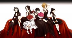  6+girls black_hair bouquet brown_hair cobracobbra commentary_request dress flower genderswap_(mtf) green_eyes hakurei_(kingdom) kaine_(kingdom) karyou_ten kingdom_(series) kyou_(kingdom) kyoukai_(kingdom) long_hair multiple_girls purple_eyes rule_63 short_hair yellow_eyes yotanwa 