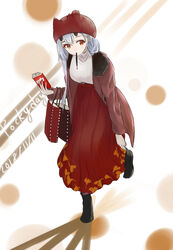  adjusting_clothes adjusting_shoe bag brown_coat coat commentary_request dated fate/grand_order fate_(series) female food grey_hair hair_between_eyes hat highres horns horns_through_headwear icebell_(kourisuzuu) leaning_forward long_hair long_skirt looking_at_viewer mouth_hold oni_horns open_clothes open_coat pocky pocky_day red_eyes red_skirt shirt skirt solo tomoe_gozen_(fate) white_shirt 