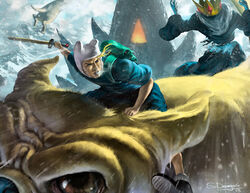  2boys adventure_time animal backpack bag battle blonde_hair blue_eyes blue_skin breath brown_eyes canine crown death finn_the_human fur hat ice_king jake_the_dog long_hair male_focus mountain multiple_boys realistic riding robe signature sitting_on_animal snow steven_donegani sword weapon white_hair 