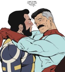  2boys arms_around_neck bara beard black_hair blue_eyes blush bonjourdraws english_commentary english_text facial_hair grey_hair highres hug invincible_(series) looking_at_another male_focus moustache multiple_boys omni-man speech_bubble superhero_costume the_immortal_(invincible) white_background wrinkled_skin 