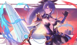  absurdres armor armored_dress bow breasts cleavage dark_persona date_a_live elbow_gloves female gloves gore_(white_gore) hairbow highres long_hair looking_at_viewer medium_breasts parted_lips ponytail purple_eyes purple_hair shoulder_armor solo sunlight sword v-shaped_eyebrows weapon yatogami_tenka yatogami_tohka 