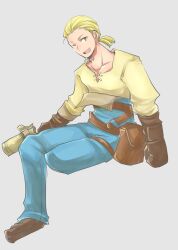  1boy belt_pouch blonde_hair blue_overalls brown_footwear final_fantasy final_fantasy_tactics grey_background gun highres holding holding_gun holding_weapon invisible_chair mustadio_bunansa one_eye_closed overalls ponytail pouch shirt shougayaki_(kabayaki_3) sitting sitting_on_leg solo weapon yellow_eyes yellow_shirt 