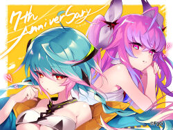  2girls absurdres ahoge aqua_hair artist_name bare_shoulders braid cassius_(phantom_of_the_kill) dress hachitsuka hair_ornament heart highres long_hair looking_at_viewer multicolored_hair multiple_girls orange_eyes parted_lips phantom_of_the_kill pink_hair purple_hair simple_background two-tone_hair two_side_up yellow_background 