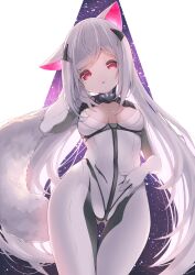  animal_ears bodysuit breasts commentary_request female fox_ears fox_girl fox_tail grey_hair hand_up head_tilt highres long_hair looking_at_viewer medium_breasts original p19 parted_lips red_eyes solo standing tail thigh_gap very_long_hair white_background white_bodysuit 