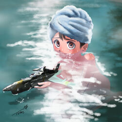  air_bubble bath black_hair blush bubble chutohampa closed_mouth commentary_request female holding holding_water_gun mighty-gou mighty_jack nude original partially_submerged red_eyes seiza signature sitting solo towel towel_on_head water water_gun wet 