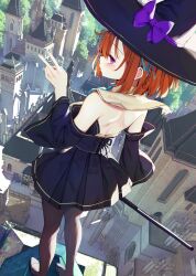  backless_dress backless_outfit black_dress black_pantyhose blue_neckerchief blush braid detached_collar detached_sleeves dress female hat hat_ribbon holding holding_staff kamizaki_hibana looking_at_viewer looking_back neckerchief orange_hair original pantyhose pink_eyes ribbon short_hair solo staff v wide_sleeves witch_hat 