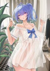  :o azur_lane bare_shoulders bikini blue_hair blush breasts catsmoon collarbone commentary_request cowboy_shot crossed_bangs day dress female hair_between_eyes hair_intakes highleg highleg_bikini highres indoors large_breasts long_hair looking_at_viewer off-shoulder_dress off_shoulder open_mouth paid_reward_available ponytail purple_eyes see-through_clothes see-through_dress solo st._louis_(azur_lane) standing swimsuit thighs underboob white_bikini white_dress 