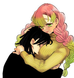  1boy absurdres between_breasts black_hair braided_twintails breasts closed_eyes commentary_request female goto_ton green_eyes green_hair green_sweater hand_on_another&#039;s_head head_between_breasts highres hug iguro_obanai kanroji_mitsuri kimetsu_no_yaiba light_smile mole multicolored_hair pink_hair simple_background sweater two-tone_hair vertical-striped_sweater white_background 