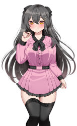  alternate_costume black_hair black_ribbon black_thighhighs blush breasts brown_eyes dress female hair_between_eyes hair_ornament hair_ribbon hairclip haruna_(kancolle) highres kantai_collection large_breasts long_hair long_sleeves looking_at_viewer pink_dress ribbon simple_background smile solo thighhighs thighs two_side_up white_background yomogi_dango 