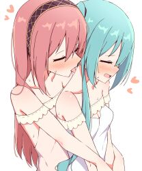  2girls bare_shoulders blue_hair blush closed_eyes collarbone commentary dress giryu hatsune_miku heart highres licking licking_another&#039;s_neck long_hair megurine_luka multiple_girls off-shoulder_dress off_shoulder open_mouth pink_hair saliva simple_background sweat upper_body vocaloid white_background white_dress yuri 