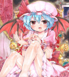  back_bow bat_wings blue_hair bow fangs feet_out_of_frame female floral_print frilled_shirt_collar frilled_skirt frills hair_between_eyes hat indoors large_bow looking_at_viewer mob_cap open_mouth pink_hat pink_shirt pink_skirt print_curtains puffy_short_sleeves puffy_sleeves red_bow red_curtains red_eyes remilia_scarlet rose_print shiny_skin shirt short_hair short_sleeves skirt skirt_set sleeve_bow solo teeth touhou traditional_media upper_teeth_only wings wrist_cuffs yukkii_(yukkii710) 