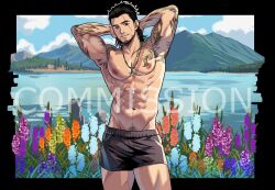  1boy abs arm_behind_head arm_tattoo armpits bara beard_stubble black_eyes black_hair black_male_underwear blue_sky chest_tattoo closed_mouth cloud commission english_commentary facial_hair final_fantasy final_fantasy_xv flower gladiolus_amicitia highres kollyanna lake male_focus male_underwear mountainous_horizon muscular muscular_male navel nipples pectorals scar scar_across_eye scar_on_chest scar_on_face scar_on_stomach sky smile stubble tattoo topless_male underwear watermark 