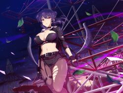  architecture breasts choker cleavage crane_(machine) crop_top east_asian_architecture female fingerless_gloves glasses gloves holding holding_weapon kunai large_breasts leaf midriff mole mole_on_breast navel night night_sky non-web_source official_art pantyhose petals purple_hair red_eyes rin_(senran_kagura) senran_kagura senran_kagura_new_link sky smile star_(sky) starry_sky torn_clothes torn_pantyhose weapon yaegashi_nan 