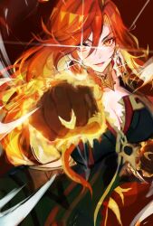  black_bikesuit black_gloves breasts cleavage female genshin_impact gloves he5_t905 large_breasts long_hair looking_at_viewer mavuika_(genshin_impact) multicolored_hair orange_eyes orange_hair red_eyes red_hair sun-shaped_pupils sun_earrings sunburst_iris 