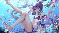  absurdres ahoge bare_shoulders bikini black_hair blush breasts commission demon_wings eyeball_hair_ornament feet female highres idol_corp long_hair looking_at_viewer multicolored_hair murumuru_(pixiv51689952) navel open_mouth purple_eyes purple_hair roca_rourin_(vtuber) second-party_source skeb_commission solo swimsuit twintails virtual_youtuber wings 