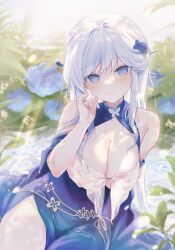  bare_shoulders blue_dress blue_eyes blue_flower breasts bush butterfly_ornament chinese_hairpin cleavage closed_mouth commission dappled_sunlight dress female flower flower_ornament hair_flower hair_ornament hand_up large_breasts lenhee_(kaito) light_blush light_rays light_smile long_hair looking_at_viewer nature original pinky_out plant re:rin see-through_clothes side_slit sitting smile solo sunbeam sunlight very_long_hair waistband wet white_hair 