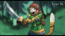  2024 absurd_res anthro backpack belt blurred_background clothing colored dipstick_ears dipstick_limbs dipstick_tail ear_markings female fictional_species forest forest_background fur gloves green_eyes growth hair handwear hi_res kerchief light_armor lynxuki markings melee_weapon multicolored_ears muscle_growth nature nature_background neckerchief plant red_hair riley_o&#039;shane solo sword tail tail_markings tan_body tan_fur tree volkenfox weapon white_body white_fur 