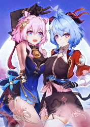  2girls :d absurdres ahoge arm_up armpits black_dress black_gloves blue_dress blue_eyes blue_hair breasts cosplay costume_switch cowboy_shot dress fingerless_gloves ganyu_(genshin_impact) ganyu_(genshin_impact)_(cosplay) ganyu_(twilight_blossom)_(genshin_impact) genshin_impact gloves hair_ornament highres honkai:_star_rail honkai_(series) horns long_sleeves march_7th_(honkai:_star_rail) march_7th_(honkai:_star_rail)_(cosplay) march_7th_(hunt)_(honkai:_star_rail) mihoyo multiple_girls open_mouth pink_hair purple_eyes short_dress short_hair shuangyaji sideboob sleeveless sleeveless_dress smile standing thighhighs thighs two-tone_eyes v white_thighhighs yueyueniao 