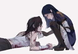  2girls arcane:_league_of_legends arcane_caitlyn arcane_vi bandages black_hair blood blue_eyes blue_hair breasts caitlyn_(league_of_legends) dress gloves highres league_of_legends long_hair miix777 multiple_girls police short_hair tattoo vi_(league_of_legends) yuri 