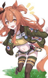  absurdres animal_ears arms_at_sides blush bomber_jacket breasts commentary_request dog_tags female grass hair_between_eyes hair_ornament highres horse_ears horse_girl jacket long_hair looking_at_viewer mayano_top_gun_(umamusume) midriff navel nazmocha open_mouth orange_hair shorts small_breasts solo thighhighs umamusume white_background 