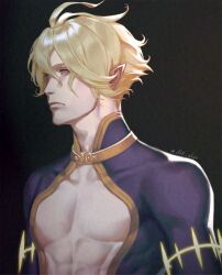  1boy abs akr_noze black_background blonde_hair blue_eyes highres looking_to_the_side male_focus pectoral_cleavage pectorals pointy_ears poseidon_(shuumatsu_no_valkyrie) revealing_clothes short_hair shuumatsu_no_valkyrie simple_background solo toned toned_male twitter_username upper_body 