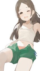  brown_hair collarbone commentary female gakuen_idolmaster green_shorts highres hiroki_(yyqw7151) idolmaster kuramoto_china long_hair navel one_eye_closed open_fly open_mouth panties panties_under_shorts pink_panties shorts simple_background sitting solo sweat underwear white_background 