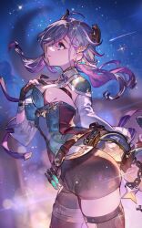  atelier_(series) atelier_resleriana belt black_gloves blue_eyes blurry bokeh breasts broken_horn collared_shirt cowboy_shot demon_horns depth_of_field female gloves grey_hair hair_between_eyes hand_up highres horns lantern long_hair long_sleeves looking_up multicolored_hair night night_sky non-web_source official_art outdoors partially_fingerless_gloves profile purple_hair shirt shooting_star sideboob sky solo standing star_(sky) starry_sky test_tube two-tone_hair valeria_(atelier) 