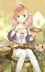  atelier_(series) atelier_escha_&amp;_logy belt_pouch blush braid breasts brown_skirt cleavage creature crumbs dress eating escha_malier female food food_on_face green_eyes hand_up hat hidari_(left_side) highres holding holding_plate indoors medium_breasts mini_hat non-web_source official_art on_chair open_mouth pie pink_hair plate pouch sitting skirt thighhighs twintails white_hat white_thighhighs 