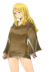  agrias_oaks blonde_hair blush braid brown_dress closed_mouth collarbone dress female final_fantasy final_fantasy_tactics geomancer_(fft) highres shougayaki_(kabayaki_3) skirt solo upper_body yellow_eyes 