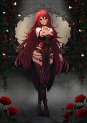  absurdres bare_shoulders black_choker black_nails black_panties black_thighhighs blush brick_wall bug butterfly choker commission downturned_eyes female fiverr_commission flower full_body hair_between_eyes highres indie_virtual_youtuber light_particles long_hair long_sleeves looking_at_viewer marryofblood multicolored_thighhighs nail_polish off_shoulder panties parted_lips petals plant reaching reaching_towards_viewer red_eyes red_flower red_hair red_rose red_thighhighs rizuchi rose rose_petals second-party_source sidelocks stone_floor thighhighs underwear very_long_hair vines virtual_youtuber yellow_butterfly 