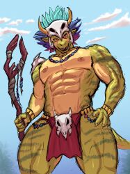  2026 abs anthro biceps bodypaint bottomwear bracelet clothing cloud cloudy_sky digital_media_(artwork) face_paint feathered_headdress green_body hand_on_leg hand_on_thigh hi_res holding_object holding_staff jewelry lihzahrd lizard loincloth looking_at_viewer male muscular muscular_anthro muscular_arms muscular_male muscular_thighs navel necklace nipples obliques outside pecs portrait red_eyes reptile scalie serratus shimmered_witch_doctor skull_accessory skull_helmet sky solo staff tail terraria three-quarter_portrait tribal tribal_clothing upatroopa vein veiny_muscles witch_doctor_(terraria) yellow_sclera 
