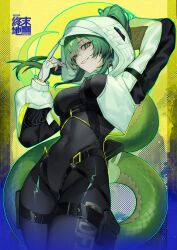  arknights arknights:_endfield arms_behind_head black_bodysuit bodysuit breasts commentary copyright_logo copyright_name covered_navel cowboy_shot female fingerless_gloves fluorite_(arknights) from_below gloves green_eyes green_hair grin highres hood hood_up hooded_shrug large_breasts lizard_tail logo long_sleeves looking_at_viewer looking_down oni_kanzei puffy_long_sleeves puffy_sleeves reptile_girl shrug_(clothing) sidelocks slit_pupils smile solo tail white_gloves white_shrug 
