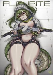  absurdly_long_tail absurdres arknights arknights:_endfield artist_name breasts caiman_pool closed_mouth fluorite_(arknights) green_hair green_tail gun hair_through_hood highres holding holding_gun holding_weapon hood hood_up looking_at_viewer navel shrug_(clothing) snake_girl snake_tail tail thick_thighs thighs very_long_tail weapon white_shrug 