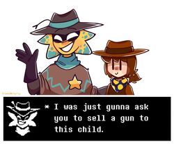  ambiguous_gender anthro blush clothing clover_(undertale_yellow) corruption cowboy cowboy_hat dark_humor dialogue dialogue_box duo english_text friend_charlie gloves grin handwear hat headgear headwear human humor imminent_peril innocence male mammal poncho scarf sheriff sheriff_badge simple_background size_difference smile smirk starlo_(undertale_yellow) text too_dumb_to_live undertale_(series) undertale_yellow unknown_species unprofessional_behavior white_background 