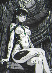  ai-generated ass black_hair bodysuit breasts crossed_legs eve_(stellar_blade) female from_below highres looking_at_viewer medium_breasts navel partially_colored ponytail silver_bodysuit sitting skin_tight solo stellar_blade stomach thighs tight_clothes xenotrip 