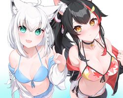  2girls absurdres ahoge animal_ear_fluff animal_ears aqua_eyes arm_behind_back aurahman bare_shoulders between_legs bikini bikini_under_clothes bikini_under_shorts black_choker black_hair black_jacket blue_bikini blush braid breasts choker cleavage collarbone cross-laced_clothes cross-laced_shorts double-parted_bangs drawstring dutch_angle eyeshadow fox_ears fox_girl fox_shadow_puppet from_above front-tie_bikini_top front-tie_top hair_ornament hair_ribbon halterneck hand_up high_ponytail highres hololive jacket large_breasts leaf_print long_hair long_sleeves looking_at_viewer makeup medium_breasts multicolored_hair multiple_girls navel off_shoulder official_alternate_costume official_alternate_hairstyle ookami_mio ookami_mio_(hololive_summer_2019) open_clothes open_fly open_jacket open_mouth paid_reward_available pendant_choker pink_eyeshadow print_bikini red_hair red_jacket red_ribbon ribbon shirakami_fubuki shirakami_fubuki_(hololive_summer_2019) short_shorts shorts side-tie_bikini_bottom side_slit side_slit_shorts sideboob sidelocks simple_background skindentation slit_pupils standing streaked_hair string_bikini swimsuit tail tail_around_own_leg tail_between_legs tail_wrap thigh_strap two-sided_fabric two-sided_jacket two-tone_ribbon unzipped very_long_hair virtual_youtuber wading water white_background white_bikini white_jacket white_ribbon white_shorts wolf_ears wolf_girl wolf_tail yellow_eyes zipper 