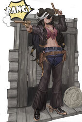  absurdres alternate_costume aokuma_(yuuran_create) belt black_belt black_hair black_hairband black_jacket boots breasts centurion_(reverse:1999) chaps cleavage collarbone commentary_request cowboy_boots cowboy_hat cowgirl_(western) crop_top dark-skinned_female dark_skin denim dual_wielding earrings female full_body gun hair_between_eyes hair_over_one_eye hair_ribbon hairband hat highres holding holding_gun holding_weapon holster jacket jeans jewelry leather leather_jacket long_hair medium_breasts midriff multicolored_hair navel necklace open_clothes open_jacket pants parted_lips purple_shirt reverse:1999 ribbon shadow shirt sidelocks smile solo sound_effects spurs standing streaked_hair tied_shirt tress_ribbon weapon white_hair yellow_eyes 