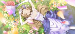  ^_^ arms_up artist_request blue_flower blue_rose blurry blurry_foreground blush bouquet bracelet breasts bride brown_hair cleavage closed_eyes code_geass code_geass:_lost_stories collarbone dress dutch_angle earrings elbow_gloves facing_viewer falling_petals female field floral_print flower flower_field forehead game_cg gloves grass green_flower green_rose hair_flower hair_intakes hair_ornament happy highres jewelry light_blush long_dress long_hair lying non-web_source nunnally_vi_britannia off-shoulder_dress off_shoulder official_art on_back on_ground open_mouth orange_flower petals pink_flower purple_flower purple_rose rose small_breasts smile solo straight-on wedding_dress white_dress white_flower white_gloves white_rose white_tiara yellow_flower yellow_rose 