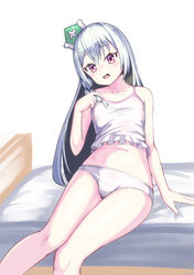  blush breasts camisole commission dorai feet_out_of_frame female futoku_no_guild hair_between_eyes hand_on_floor hat highres knees_together_feet_apart long_hair looking_at_viewer maidena_angers mini_hat navel on_bed open_mouth orange_eyes panties pixiv_commission playing_with_own_hair simple_background sitting small_breasts solo stomach underwear underwear_only wavy_mouth white_background white_camisole white_hair white_panties 